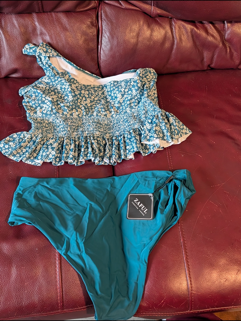 Zaful Teal Floral Ruffled Bikini Set - Teal & White